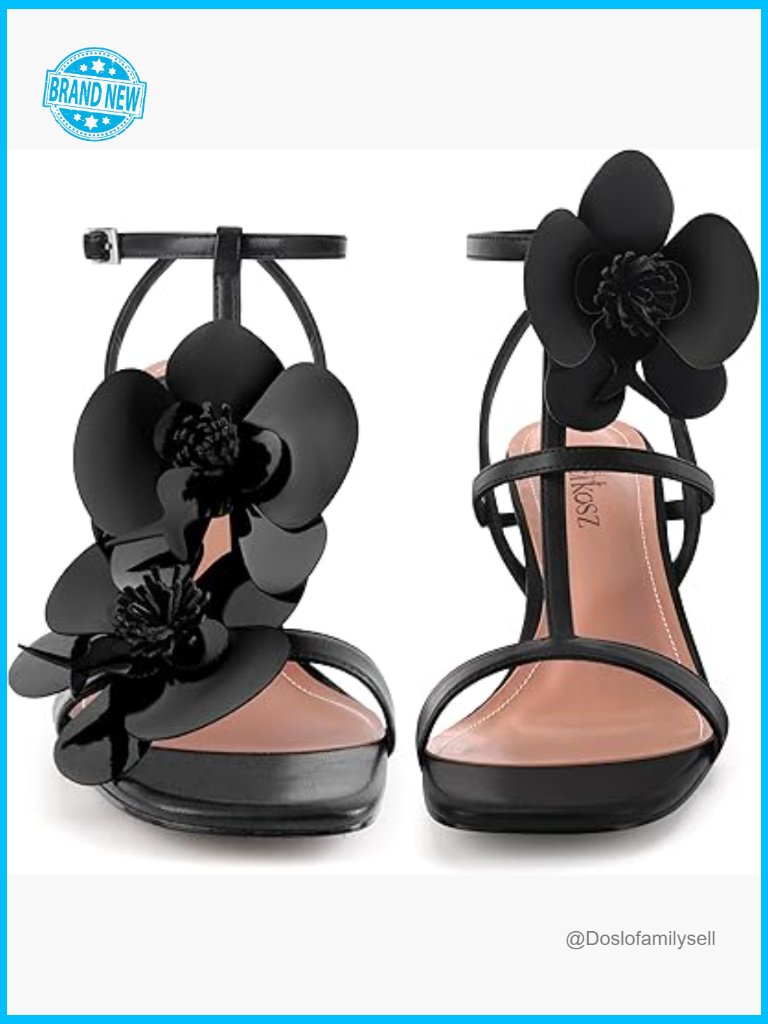 Strappy Floral Heeled Sandals Open Toe Square Toe Ankle Strap Stiletto Heels